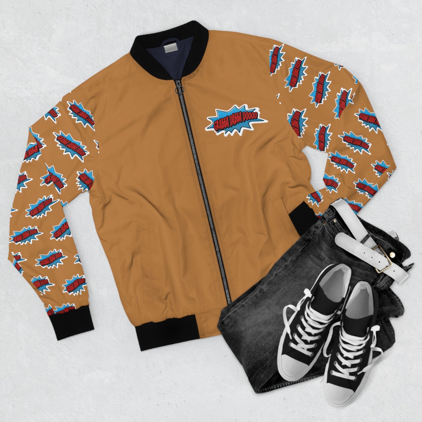 Tan Men's Bomber Jacket - Printed Arms